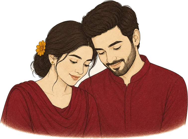 A young mother and father leaning together, looking down fondly