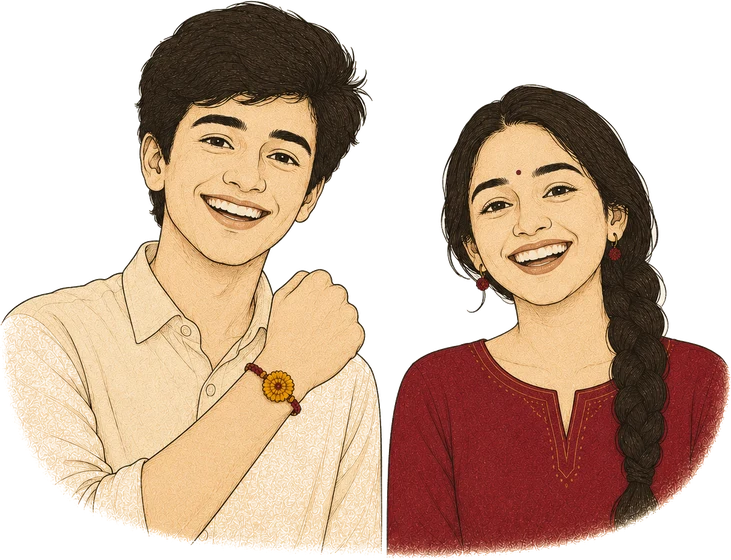 A brother showing the rakhi on his wrist beside his laughing sister