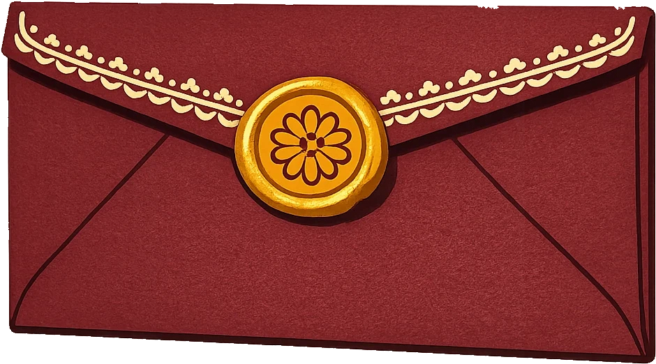 A maroon shagun envelope sealed with a golden marigold wax seal