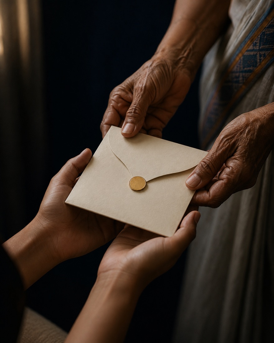 An elder's hands passing a sealed envelope into a young woman's open hands